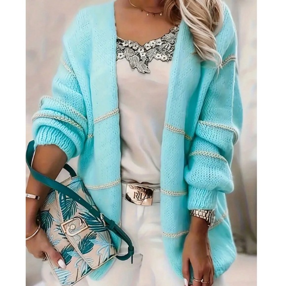 Plus Cozy Aqua Solid Open Front Loose Fit Cardigan - Picture 1 of 2